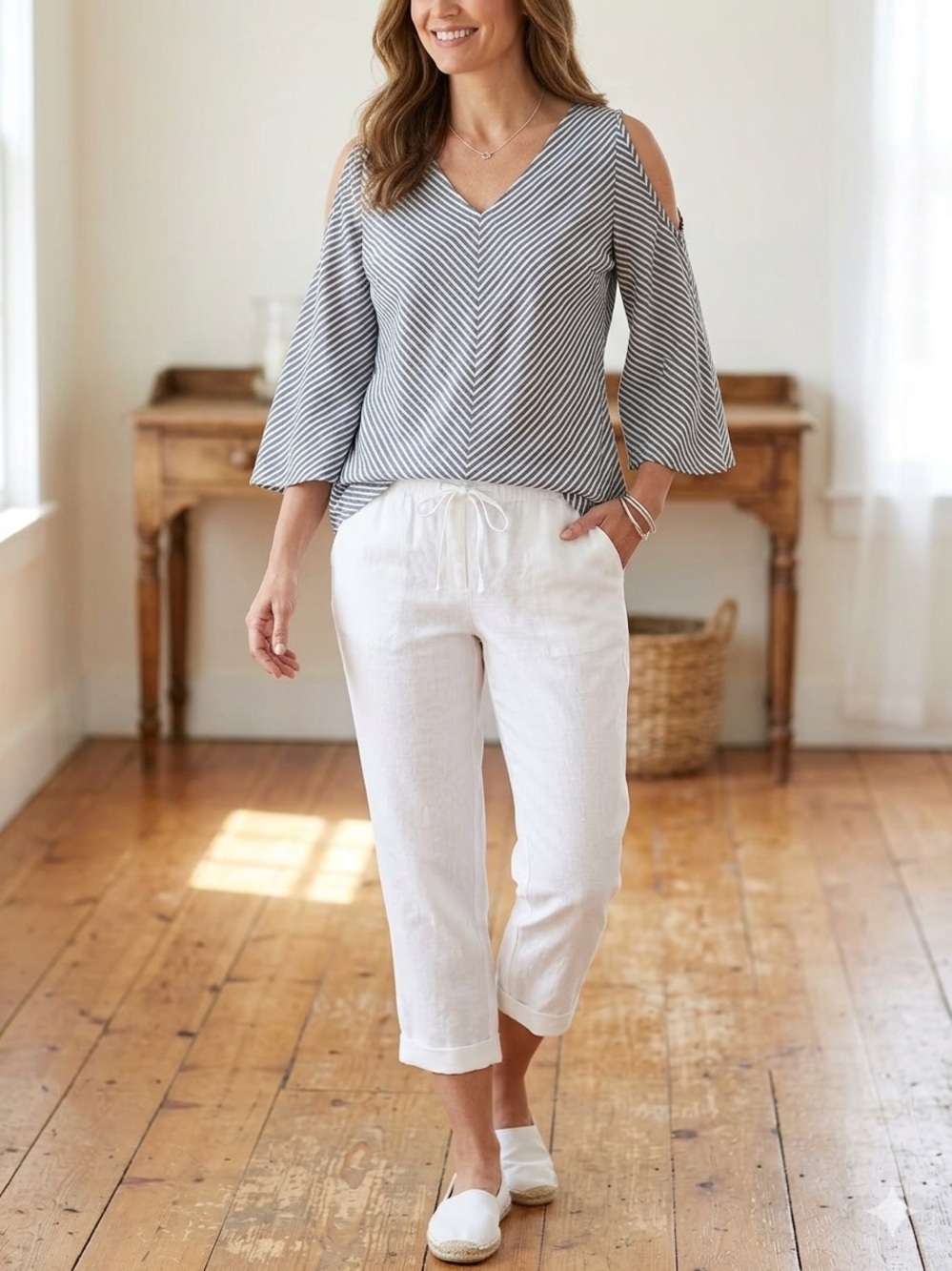 Soft Surroundings Dark Grey & White Striped Cold-Shoulder Tunic